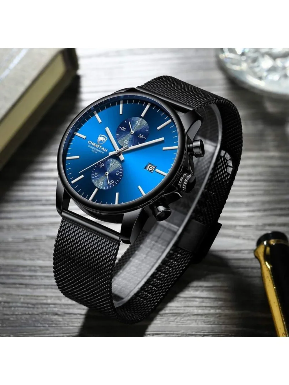 Men's Dark Blue Black Quartz Analog Mesh Strap Stainless Steel Chronograph Watch